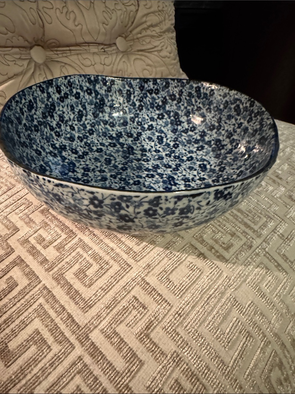 Hand-Painted Vintage Blue Floral Ceramic Serving Bowl